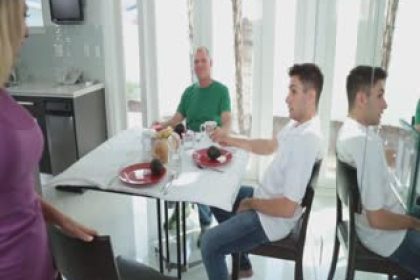 After the couple finished fucking at home, they had lunch and went to their father’s house to play. When the father fell asleep, they started fucking again next to his bed!