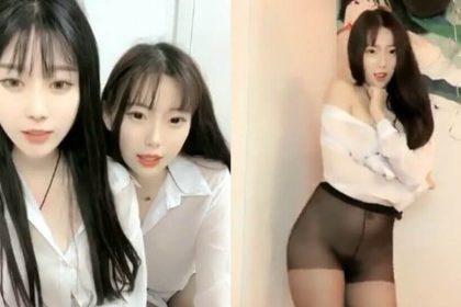 Innocent sisters live broadcast in black stockings seducing an old man