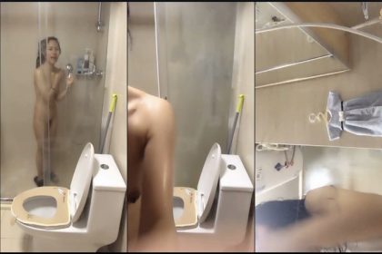 zhubo's top busty Internet celebrity takes a selfie in the bathroom with thick hair underneath